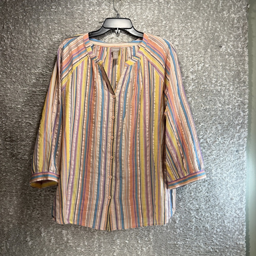 Chico's 3/4 Sleeve Button Up Shirt Striped Metallic 3 Xl Preppy Colorful Boho